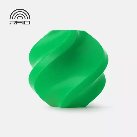 Objeto impresso em 3D na cor verde feito com filamento PLA Basic Bambu Lab com design espiral