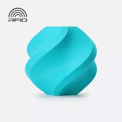 Peça impressa em 3D com filamento PLA Basic Bambu Lab na cor azul turquesa, com acabamento liso e formato espiralado