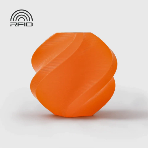 Objeto impresso em 3D na cor laranja com design ondulado, feito com filamento PLA Lite da Bambu Lab