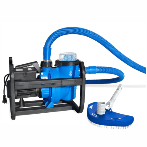 Bomba trineo portátil azul para barrefondo de pileta con manguera y accesorio de limpieza