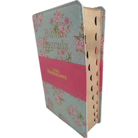Bíblia Letra Hiper Gigante | Harpa Avivada e Corinhos | Bicolor Floral Rosa