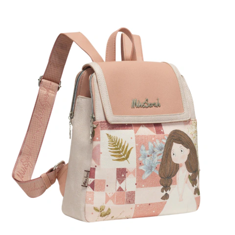 Bolsa tipo morral con broche al frente diseño con hojas