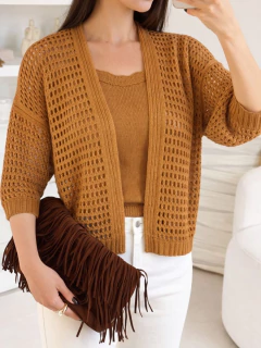 Conjunto Tricot Feminino Cardigan Rendado e Regata Básica