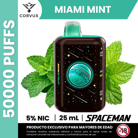 Vaporizador Spaceman SP50000 sabor Miami Mint con diseño de planeta azul y negro, con hojas de menta fresca detrás, 5% nicotina y capacidad de 25 ml