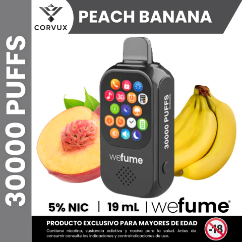 Dispositivo vaporizador negro Wefume sabor durazno y banana con 30000 caladas y 5% de nicotina, junto a imágenes de durazno y plátano
