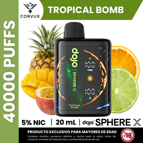 Vaporizador dojo SPHERE X Tropical Bomb con sabor frutas tropicales, 5% nicotina, 40000 puffs, envase negro con diseño colorido y frutas tropicales alrededor