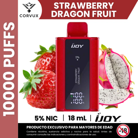 Vaporizador IJOY Captain 10000 color rojo con sabor fresa pitaya y 5% de nicotina, con fondo de fresas y fruta pitaya cortada