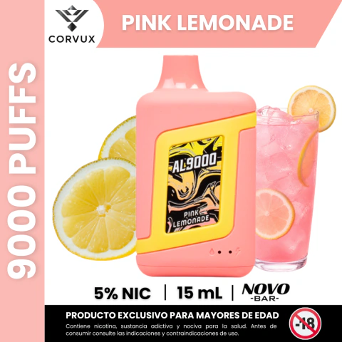 Vaporizador NOVO BAR AL9000 sabor Pink Lemonade con 5% de nicotina y capacidad de 15 ml, acompañado de rodajas de limón y vaso con limonada rosa con hielo