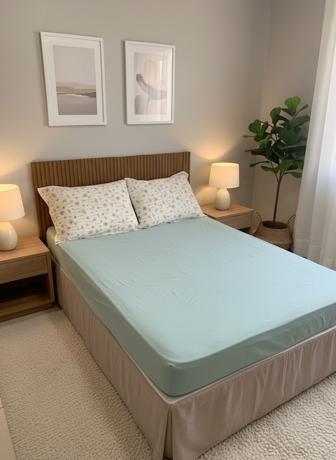 Jogo de cama em Malha 100% Algodão - Floral Delicado Verde Chá