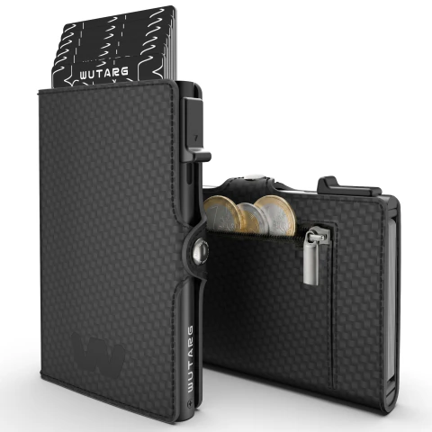 Billetera WUTARG Color Negro Carbono Tarjetero Hombre con Monedero FLEX Series Cartera RFID Minimalista Cuero PU Cremallera Pop Up para Billetes