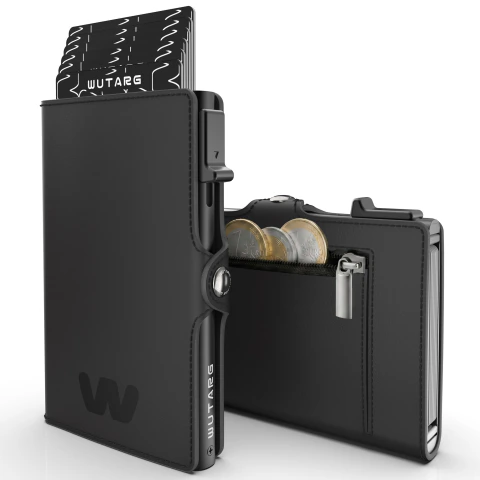 Billetera WUTARG Color Negro Tarjetero Hombre con Monedero FLEX Series Cartera RFID Minimalista Cuero PU Cremallera Pop Up para Billetes