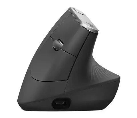 Mouse ergonómico inalámbrico Logitech en color grafito con diseño vertical y cuatro botones