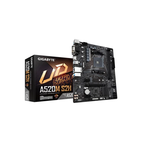 Placa madre Gigabyte A520M S2H con caja negra y detalles dorados, compatible con socket AM4 y memoria DDR4