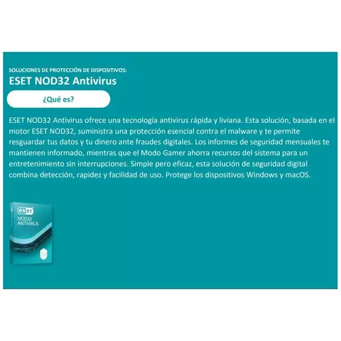 Descripción de la protección antivirus ESET NOD32 con tecnología rápida y liviana para Windows y macOS