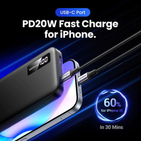 UGREEN Power Bank 10000 mAh, USB - A, USB - C, Carga Rápida 20W, Negro - comprar en línea