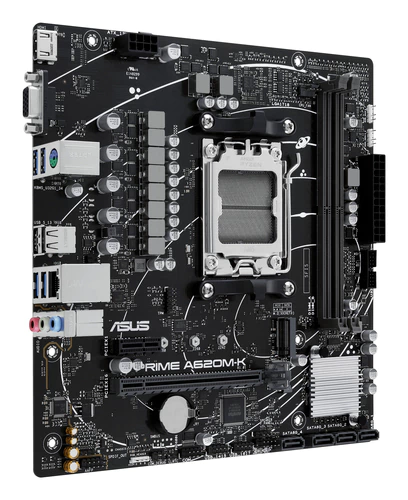 Tarjeta madre ASUS PRIME A620M-K con socket AM5, formato Micro ATX, compatible con procesadores AMD Ryzen 7000 Series y memoria DDR5