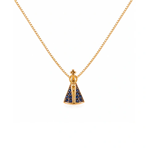 Colar Mini Nossa Senhora Aparecida Azul Banho de Ouro 18k