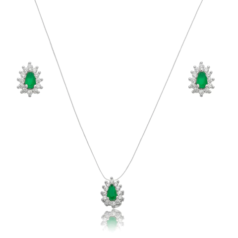 Conjunto com Pingente Cravejado em Zircônias Coloridas no Fio de Nylon Banho de Ródio Branco