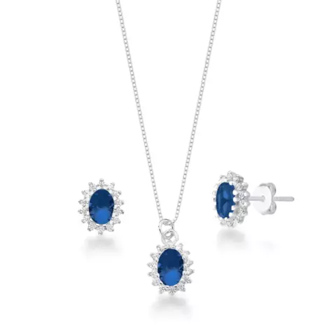 Conjunto Pedra Oval Azul Cravejado Tamanho:45cm