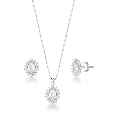 Conjunto Oval Cravejado com Pedra Prateado Tam:45cm