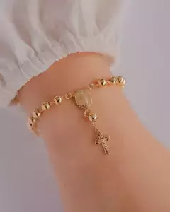 Pulseira Terco Bolas Lisas com Medalha Nossa Senhora das Gracas e Crucifixo no Dourado