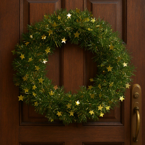 Corona navideña verde con estrellas doradas - 30 cm