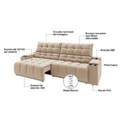 Sofá Connect Premium 2,00m Assento Retrátil/Reclinável com porta copos e entrada USB Suede Capuccino - loja online