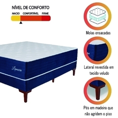 Cama Box Casal Colchão Molas Ensacadas Lamore 138x188x70cm Azul Veludo/Malha Branca - Suporta até 110kg por Pesso - comprar online