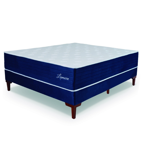 Cama Box Casal Colchão Molas Ensacadas Lamore 138x188x70cm Azul Veludo/Malha Branca - Suporta até 110kg por Pesso