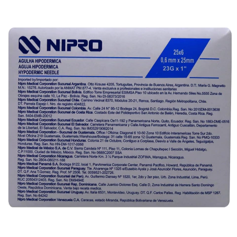 Aguja HiPodérmica Nipro 23gx25mm (1 ) Azul Caja 100u Capacidad En Volumen 0 Ml