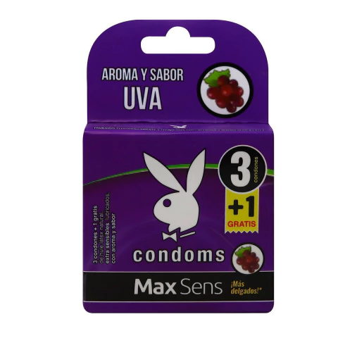 Condoms Max Sens Aroma Y Sabor Uva Caja C/3 Condones + 1 Gra