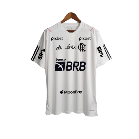 Camisa Flamengo Treino II 23/24 Torcedor Masculina - Branca com preto com todo os patrocinios