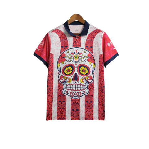 Camisa Chivas Guadalajara Edição Especial Dia dos mortos 23/24 - Torcedor Nike Masculina - Detalhamento com caveiras em vermelho e branco