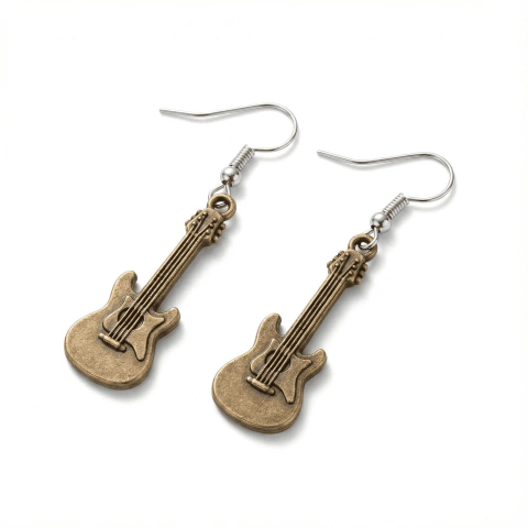 Brinco Guitarra Pingente Bronze Envelhecido Música Rock Anzol - Par