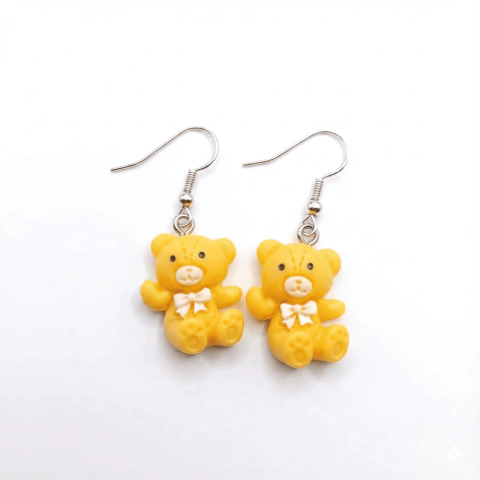 Brinco Ursinho Teddy Bear Amarelo Resina Kawaii Infantil Anzol - Par