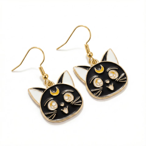 Brinco Gatinho Preto Luna Sailor Moon Anime Kawaii Dourado Anzol - Par