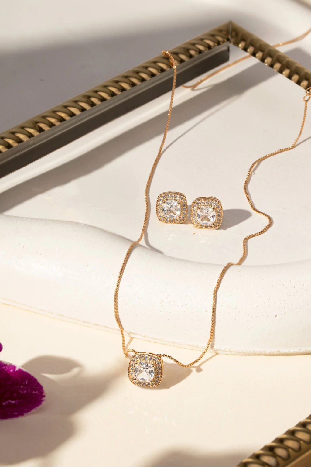 Conjunto Brinco Colar Quadrado Zircônia