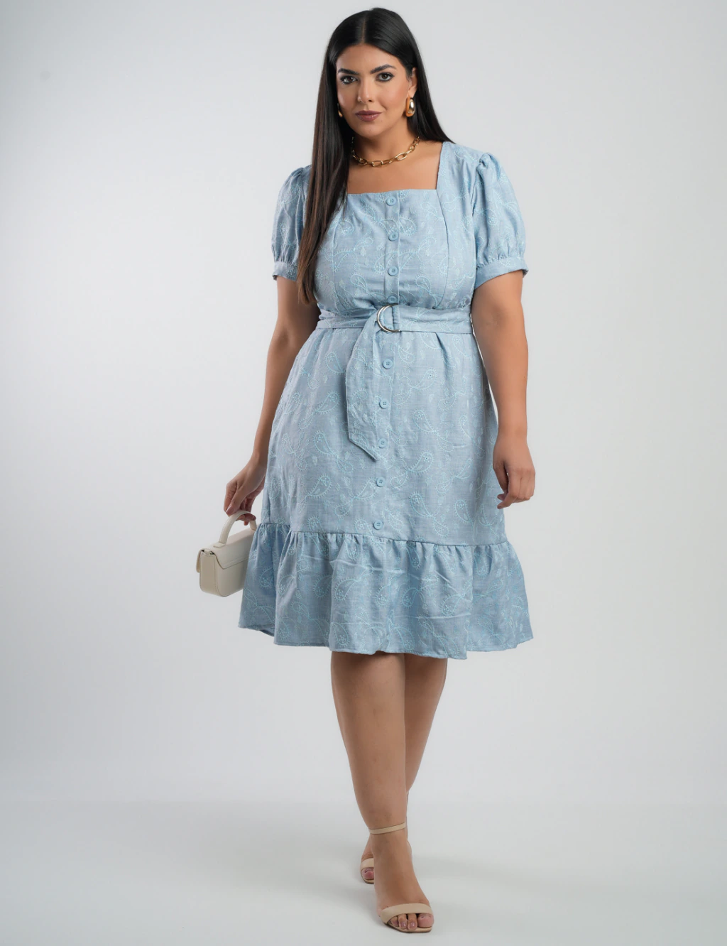 Vestido Midi Linho Poliéster Com Bordado Azul