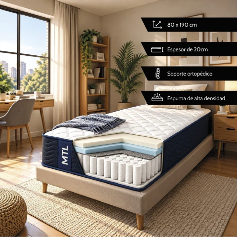 Colchon Mtl 1 Plaza 80x190 Alta Densidad 20cm Pocket