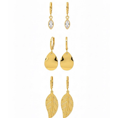 Trio de Brincos Dourados Pingentes Naturais - comprar online