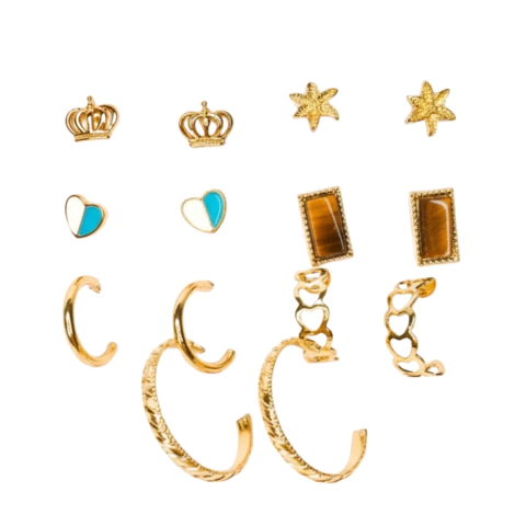 Kit Brincos Semaninha Dourada com Corações, Estrela-do-Mar e Coroa - comprar online