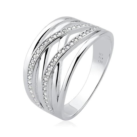 ANEL LARGO COM FILETES LISOS E CRAVEJADOS ENTRELAÇADOS