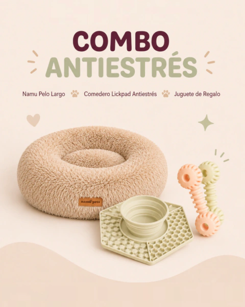 COMBO ANTIESTRÉS. Namu Pelo Largo + Comedero Lickpad Antiestrés + Juguete de Regalo