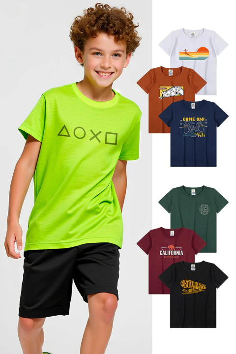 Kit Sortido 4 Camisetas Estampadas Infantil Menino