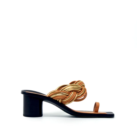 Tizian | Laranja Tangerina | Tamanco thong em couro trançado e salto médio