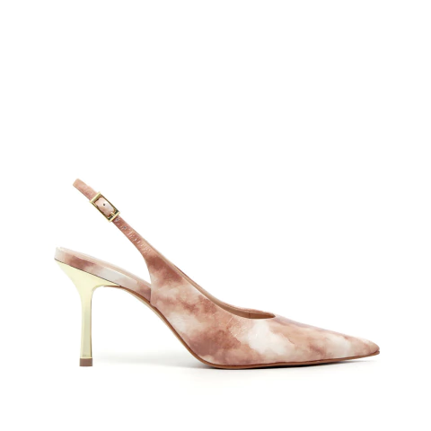 MELIS | Tie Dye nude | Slingback com salto metalizado e estampa tie dye
