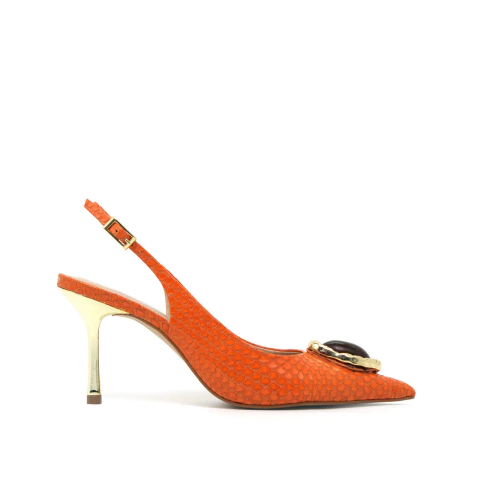 NUARA | Laranja | Slingback com salto metalizado em couro texturizado