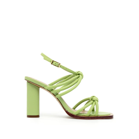 NYSE | Verde maçã | Sandália salto bloco em couro dourado com amarras