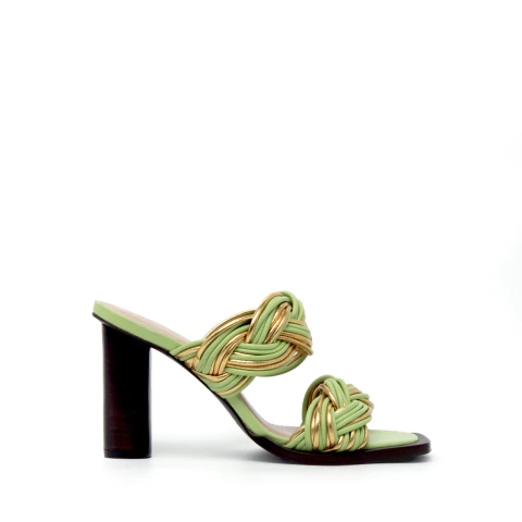 Tirian | Verde maçã | Tamanco em couro trançado com salto bloco