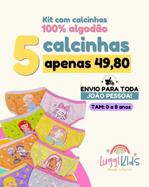 KIT COM 5 CALCINHAS INFANTIS - 100% ALGODÃO - SORTIDAS